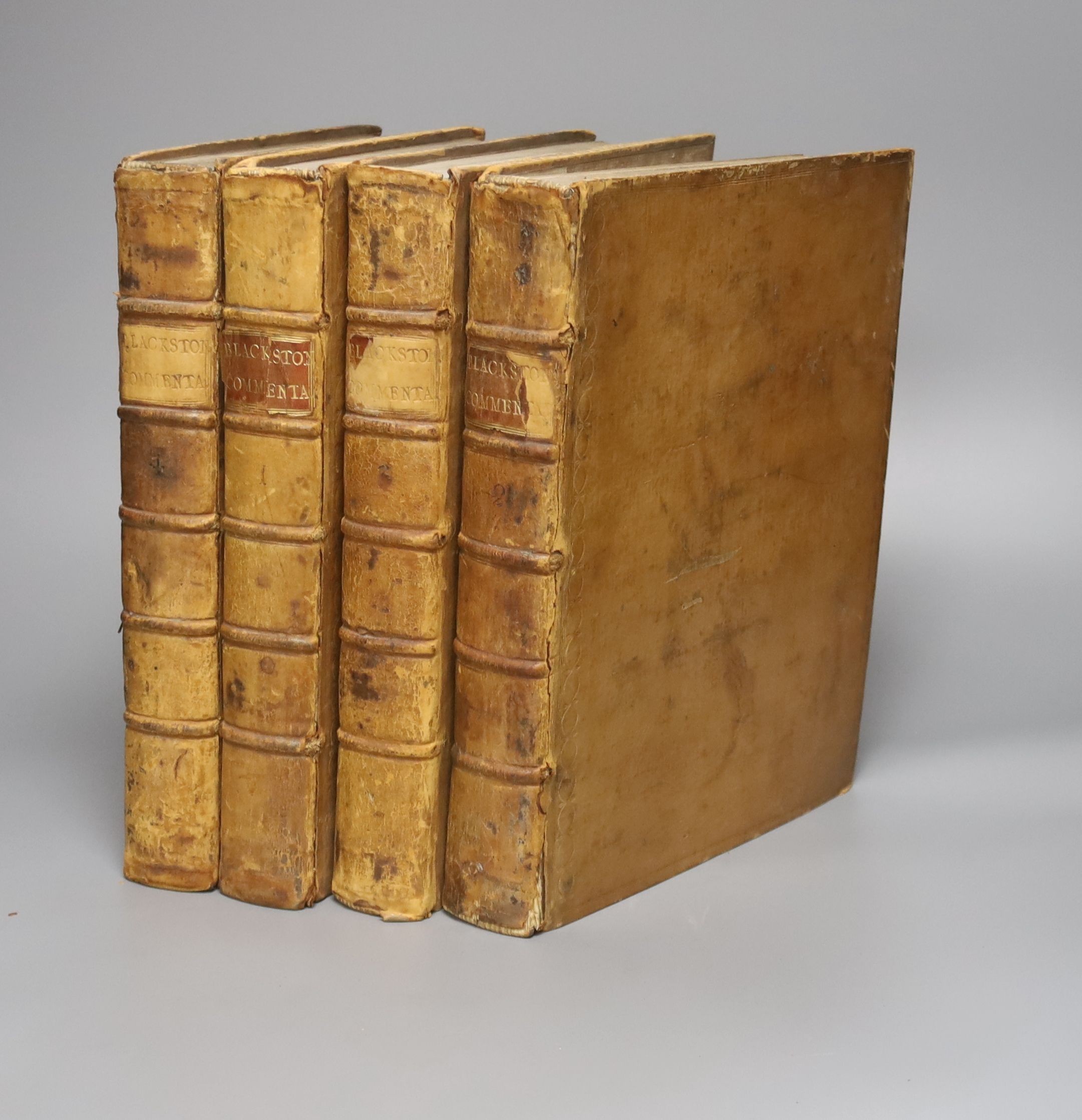 Blackstone, William, Sir - Commentaries on the Laws of England, 4th edition, 4 vols, 4to, calf, with 1 (of 2) folding engraved tables, leaves browned, lacking titling labels, Clarendon Press, Oxford, 1770